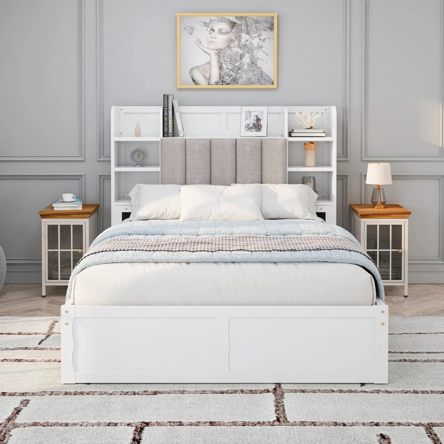 Full size bed frame with underbed storage, white wood and upholstered headboard shelves on Tampa Home & Garden Store