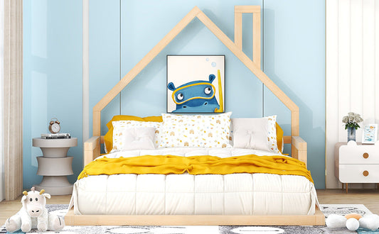 Full Size Wood Floor Bed with House-shaped Headboard Natural