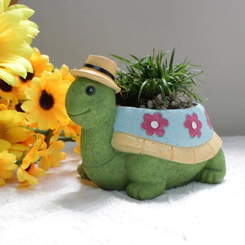 Turtle flower pot decoration lawn ornament with straw hat and blue saddle planter for courtyard on Tampa Home & Garden Store