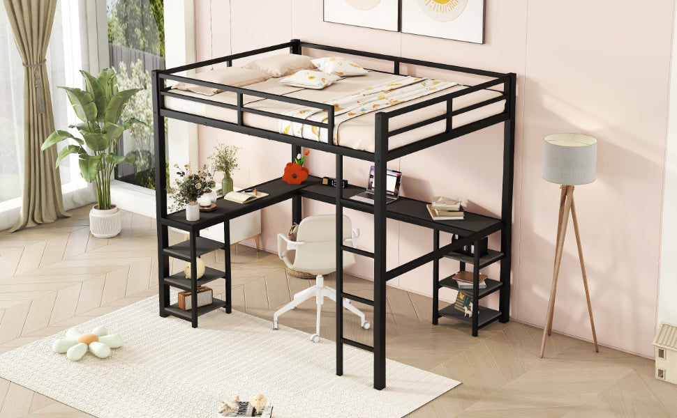 Lit mezzanine tout métal avec bureau et étagère, lit mezzanine avec échelle et garde-corps, noir avec bureau noir