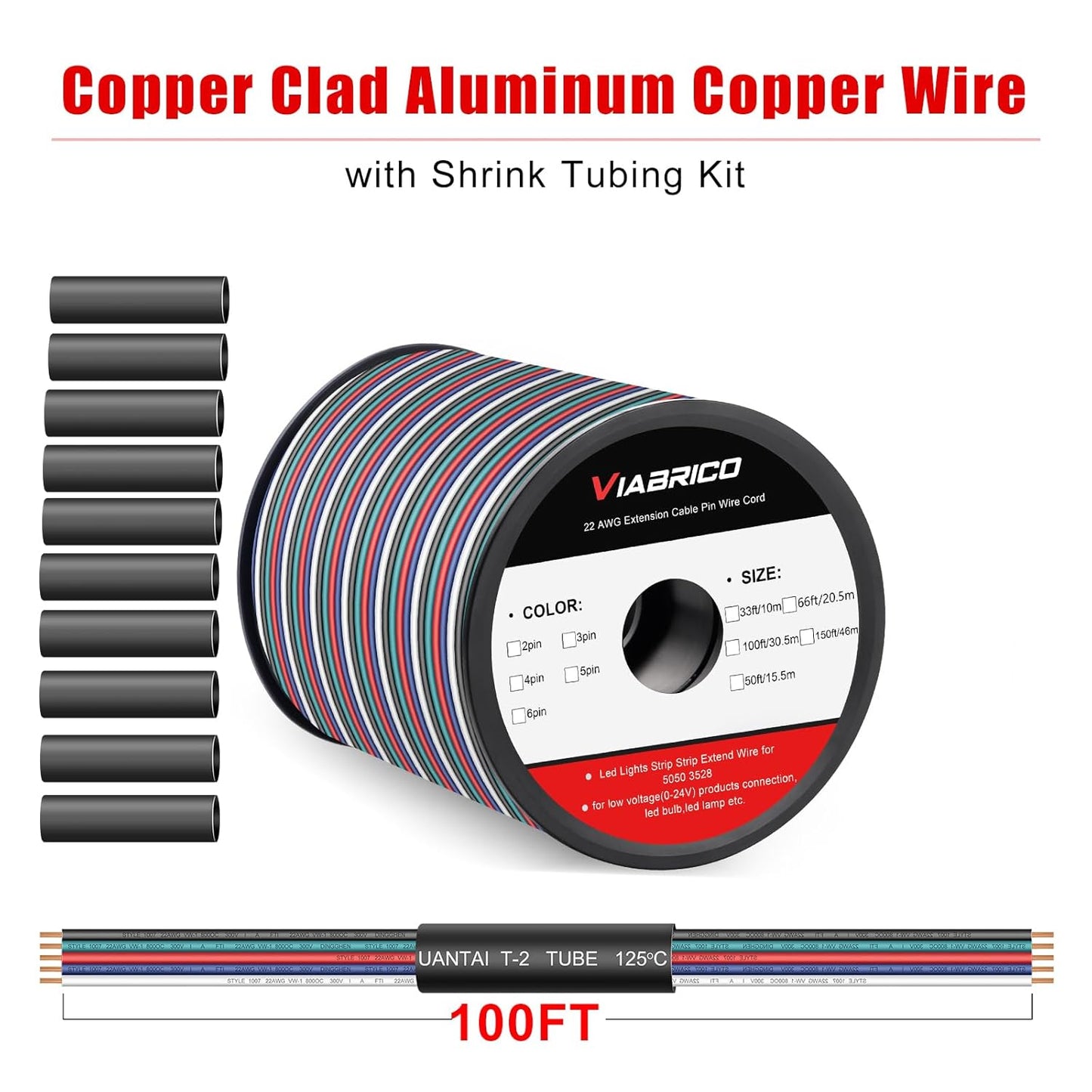 100ft RGBW LED Extension Cable 22 Gauge 5Pin 12V DC Electrical Wire 5 Colors 22AWG Wires with 10PCS Connectors for RGBW 3528 5050 Led Strip