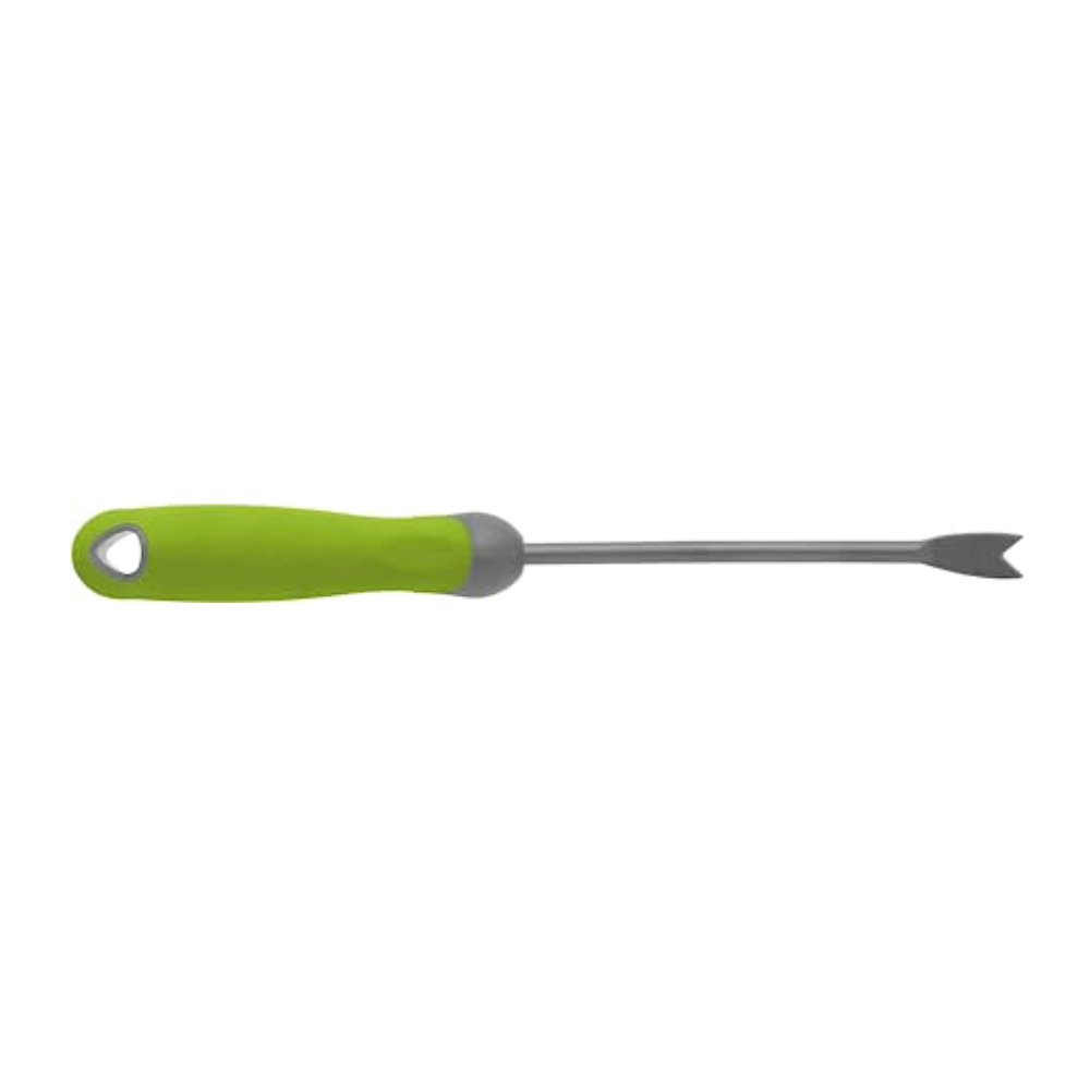 Bloom Weeder with ergonomic steel handle, lime green grip and long shaft with pointed tip on Tampa Home & Garden Store