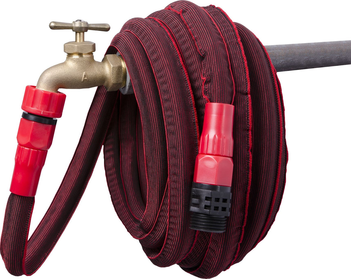 Aeroflex 100 ft expandable garden hose Orbit Irrigation with red connectors and brass valve on Tampa Home & Garden Store