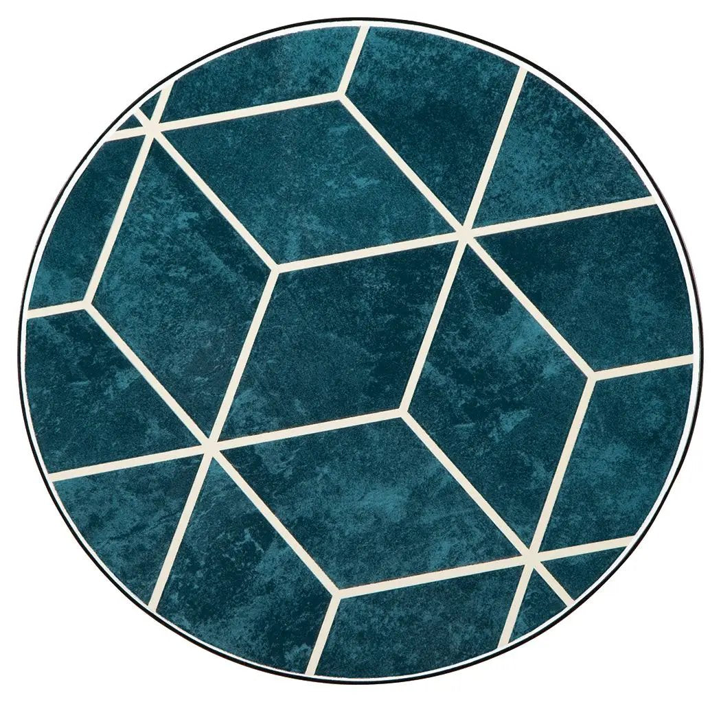 Round teal rug with white geometric line pattern on Tampa Home & Garden Store