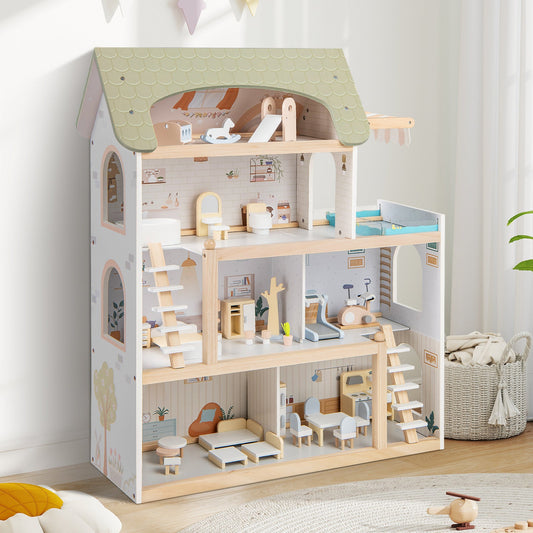 Wooden Dollhouse Kids DIY Pretend Playhouse with 33 PCS Furniture Accessories-Green - Tampa Home & Garden Store