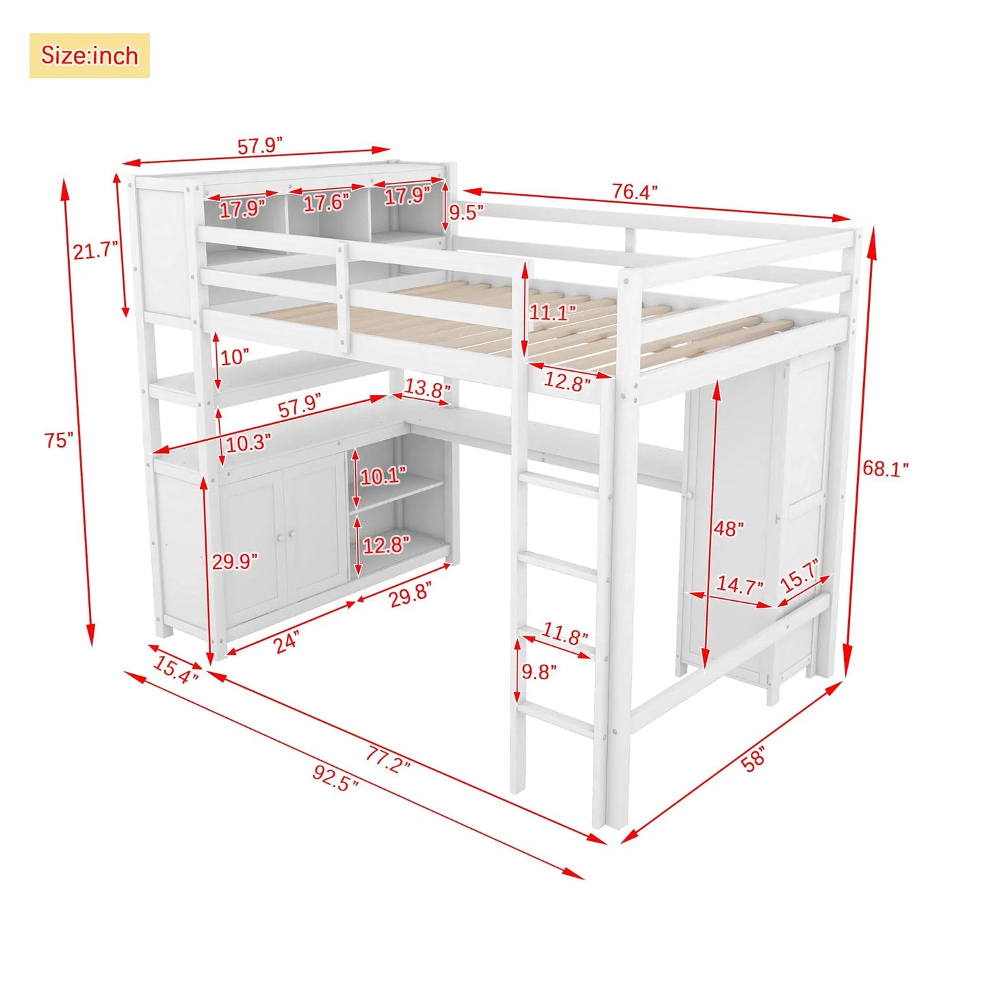 Wood loft bed with cabinet and bookshelf, white finish, integrated wardrobe and open shelves on Tampa Home & Garden Store