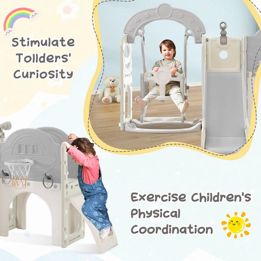 Toddler 7-in-1 slide and swing playset in gray plastic arch with a child on the swing on Tampa Home & Garden Store
