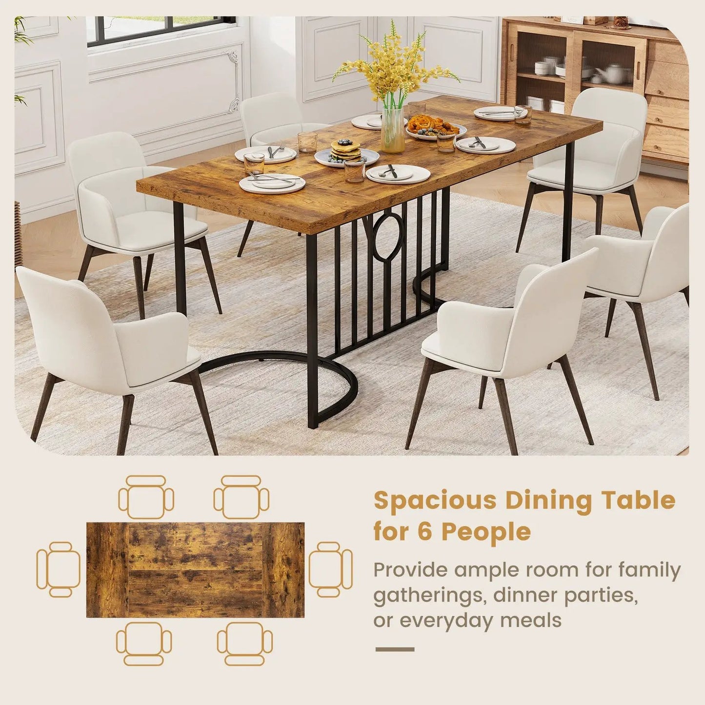71 Inch Large Dining Table rustic brown wood top with black metal base; 6 white upholstered chairs around it on Tampa Home & Garden Store
