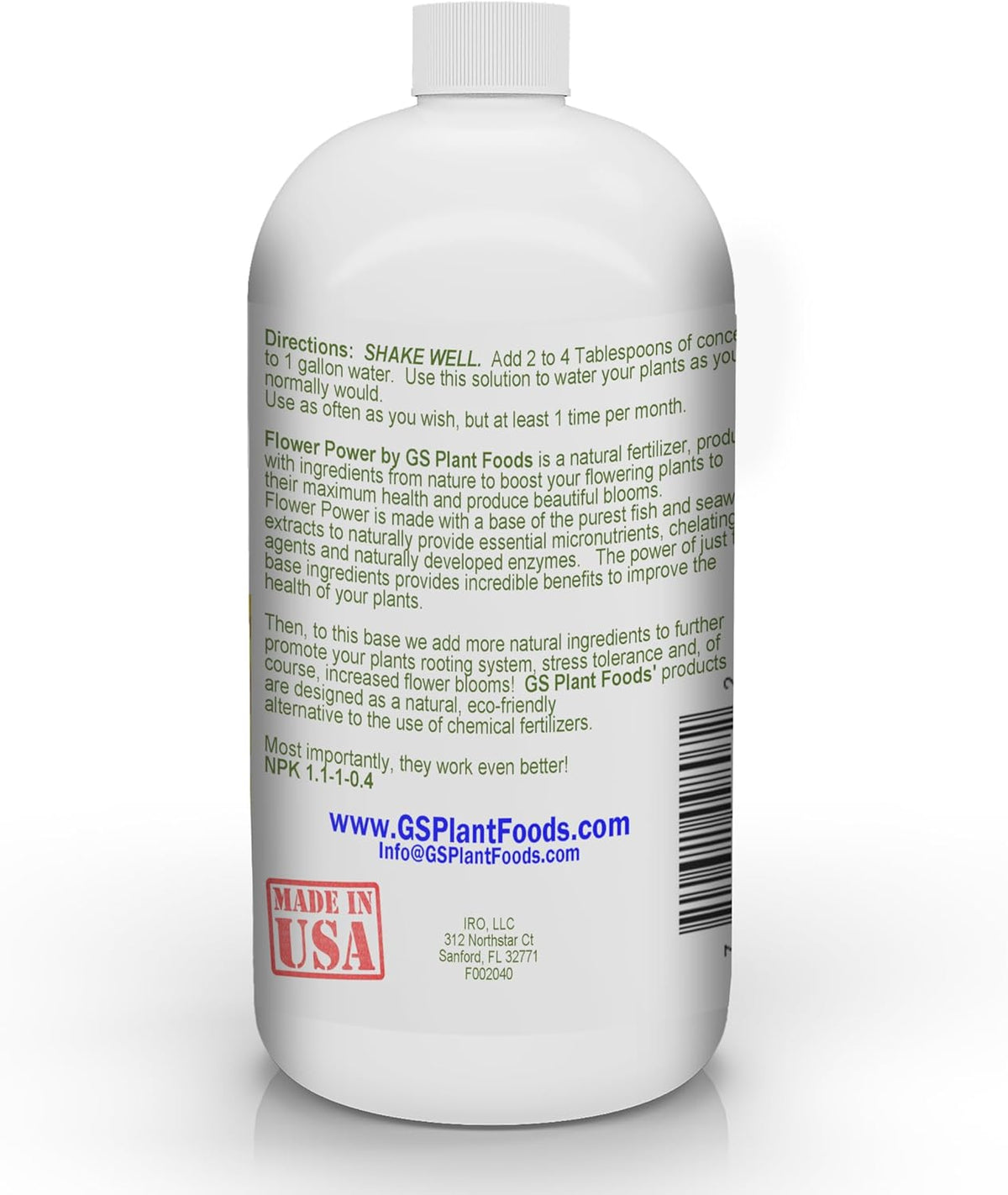 Flower Power fertilizer booster bottle GS Plant Foods, white plastic container with green label on Tampa Home & Garden Store