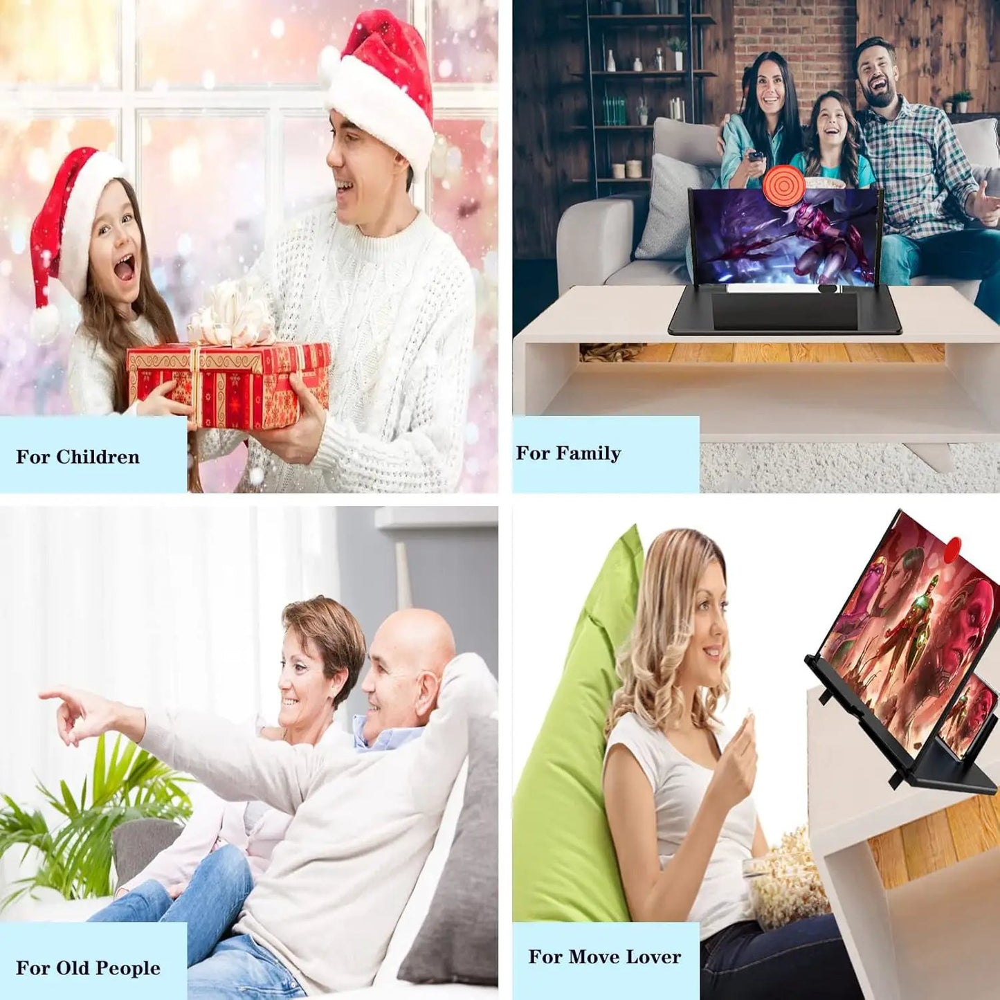 16 Inch Phone Screen Magnifier Stand for Movies shown in a family living room collage on Tampa Home & Garden Store