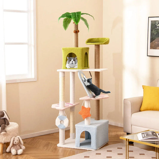 DirectDeals 71 Inch Beach-Themed Multi-Level Cat Tree with lime cube, pastel blue platforms on Tampa Home & Garden Store