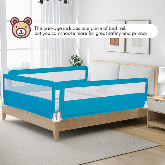 DirectDeals 71-inch swing-down bed guardrail in blue with mesh panels and safety straps on a wooden bed on Tampa Home & Garden Store