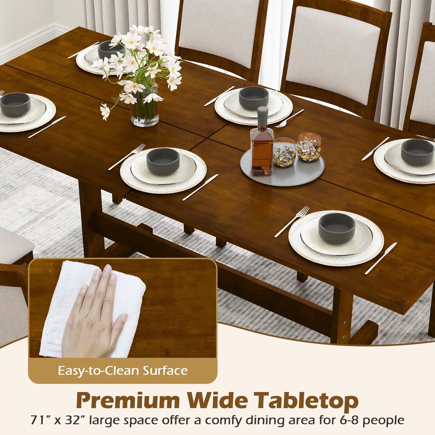 71 Inch walnut farmhouse dining table for 6-8 with place settings and centerpiece vase on Tampa Home & Garden Store