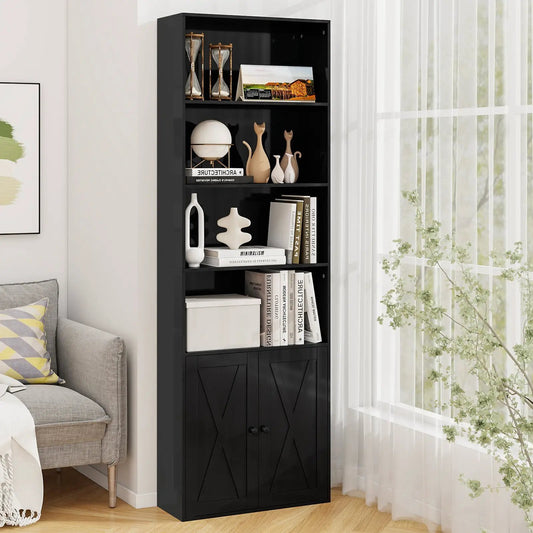 71-Inch freestanding bookshelf with 6 shelves in black finish, bottom cabinet, DirectDeals on Tampa Home & Garden Store