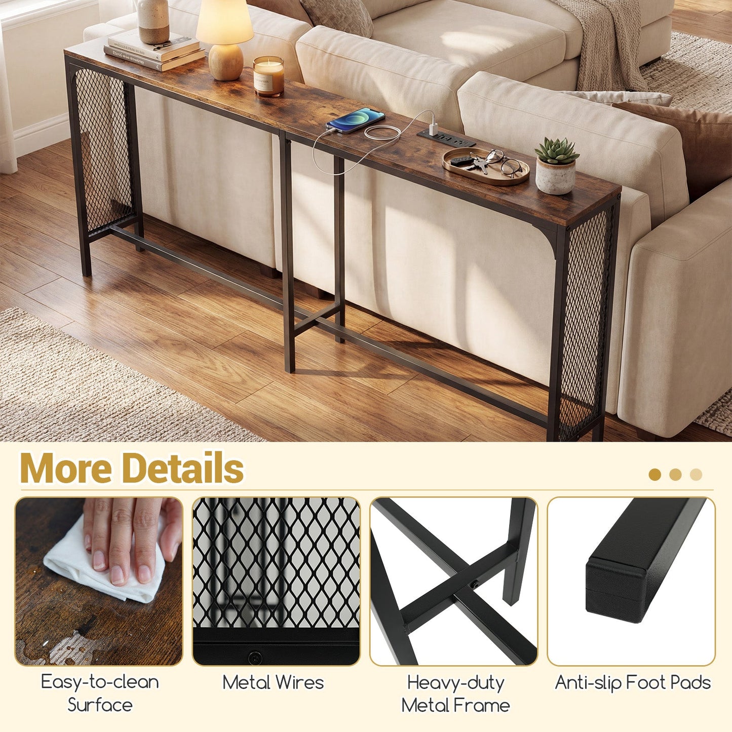 71 Inch Narrow Console Table with Power Outlet, wood top, metal frame on Tampa Home & Garden Store