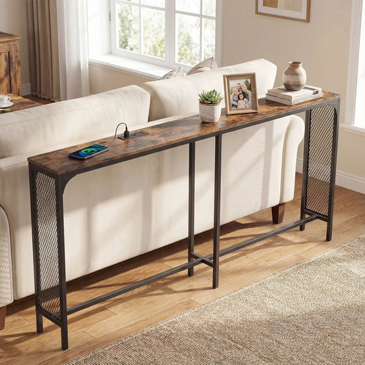 71 Inch Narrow Console Table with Power Outlet wood top and black metal frame on Tampa Home & Garden Store