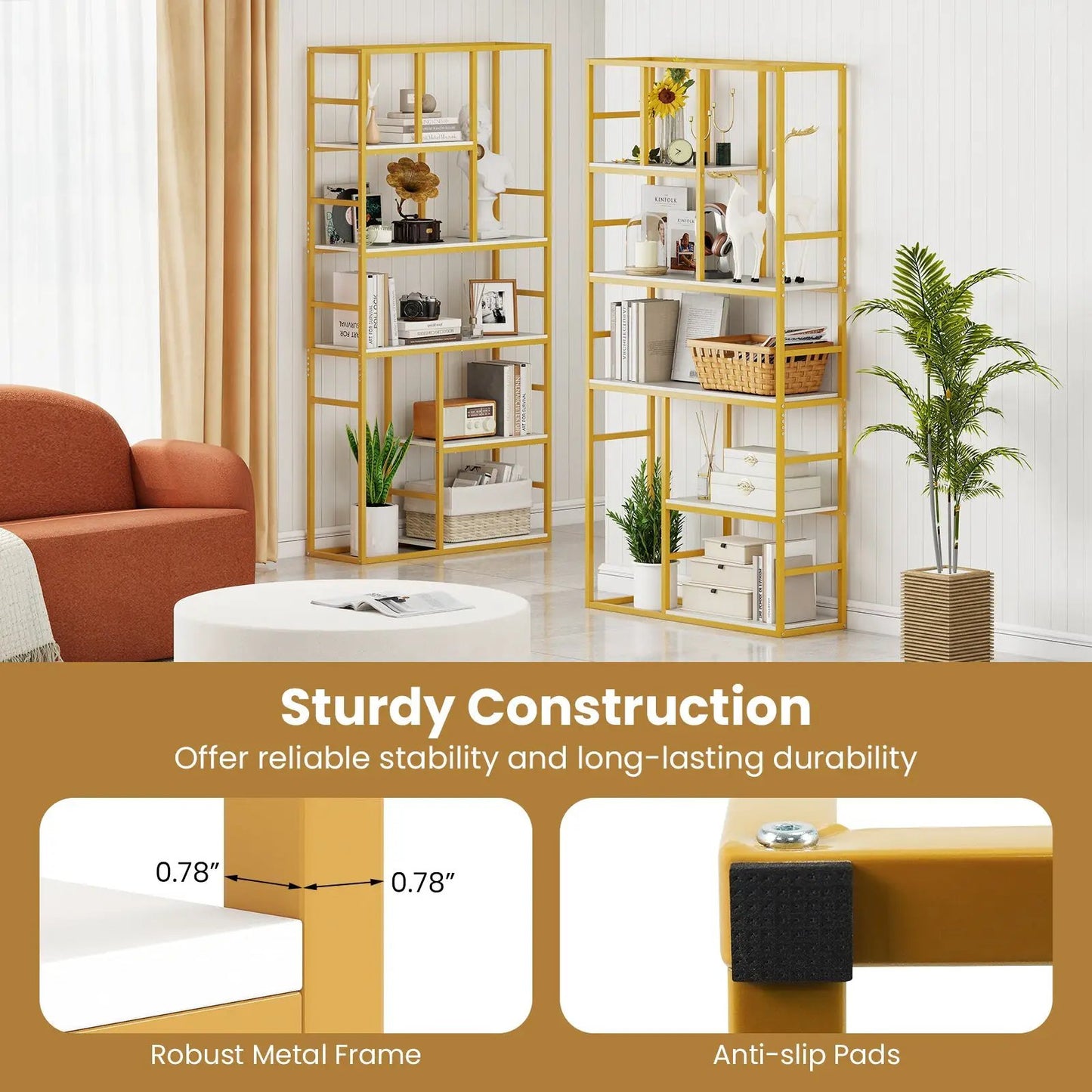 Two 71-inch tall white and gold bookshelves with white shelves and gold frame on Tampa Home & Garden Store