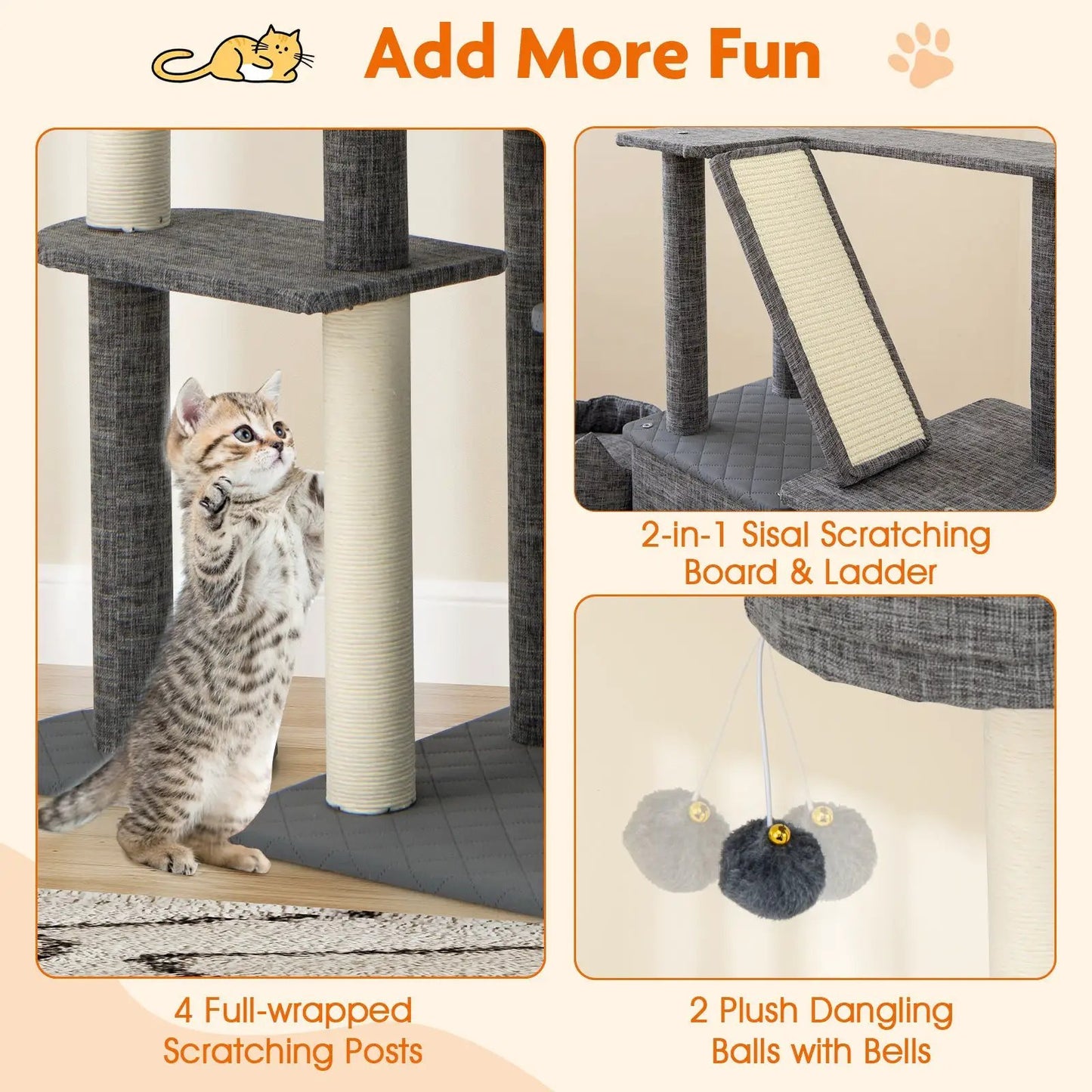 71-Inch Tall Grey Cat Tree with Scratching Posts, multi-level DirectDeals cat tower on Tampa Home & Garden Store