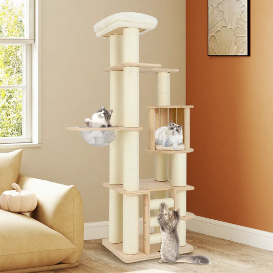 Tall 71-inch cat tree in natural wood with sisal posts, cozy perch and space capsule enclosure on Tampa Home & Garden Store