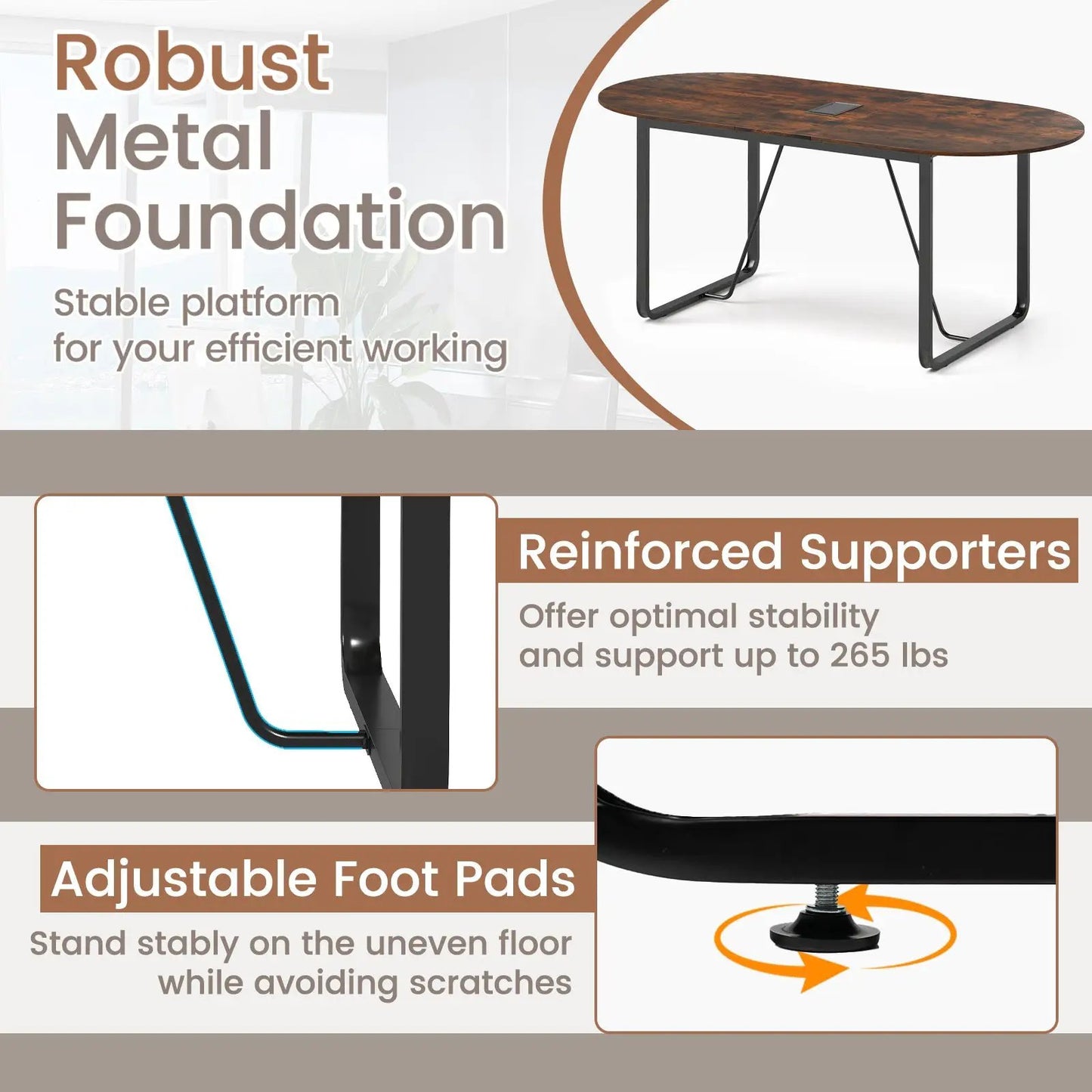 71 Inches Executive Table Oval Home Office Table with Cable Management Hole-Rustic Brown - Tampa Home & Garden Store