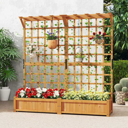 Wooden planter container with trellis roof and hanging pots in natural brown wood on Tampa Home & Garden Store