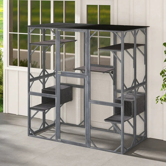 71-Inch tall outdoor cat house with roof, gray metal frame, wire mesh DirectDeals enclosure on Tampa Home & Garden Store