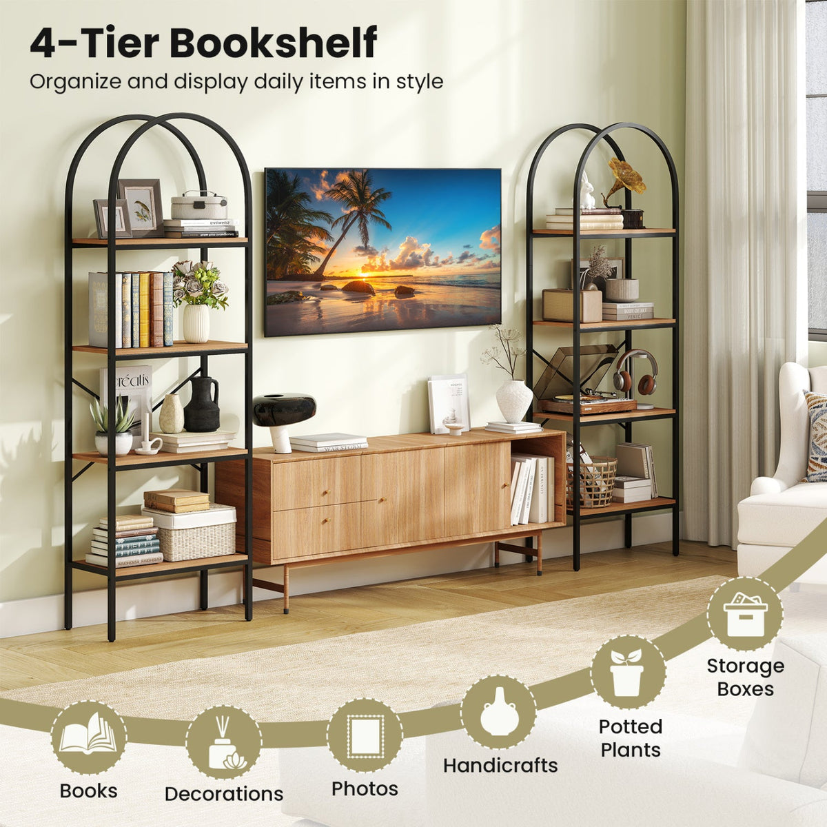 Pair of 4-tier arched bookcases with metal frames by DirectDeals, arches, 71in tall beside a TV on Tampa Home & Garden Store