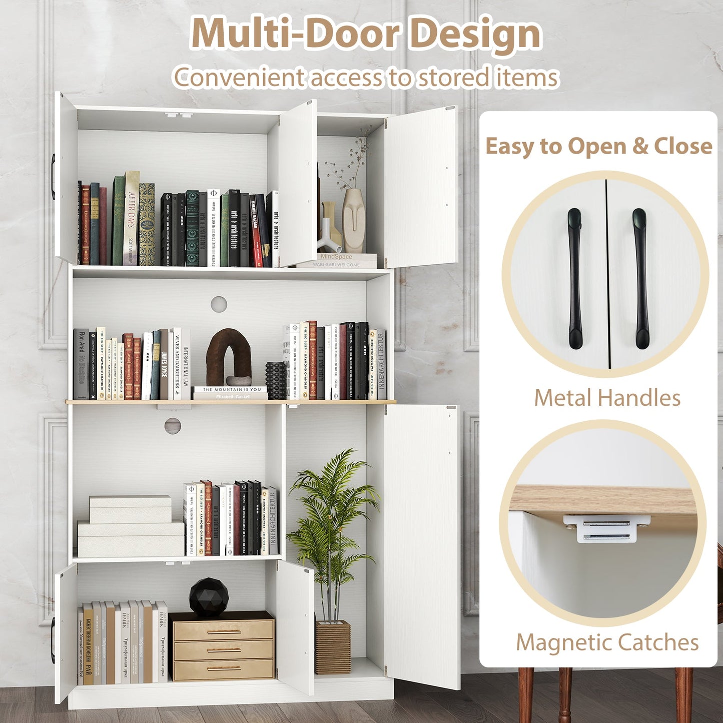 71 inch tall white kitchen pantry cabinet with open doors and book-filled shelves on Tampa Home & Garden Store