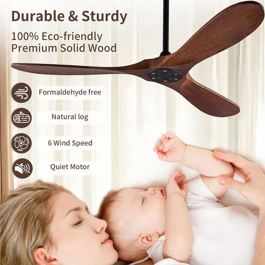 52 Inch Solid Wood Ceiling Fan 3-Blade DC Motor Remote - Tampa Home & Garden Store
