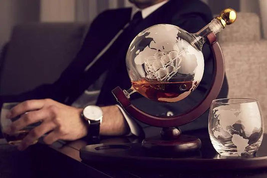 Globe Decanter Set hand blown glass decanter on a wooden stand with etched world-map glass on Tampa Home & Garden Store