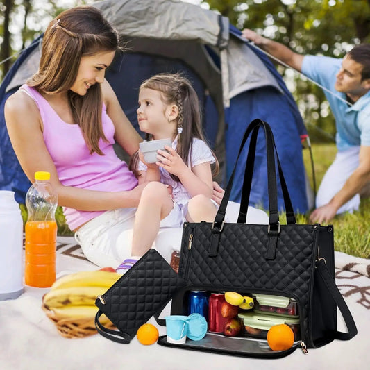 Moktan Sabai 2-in-1 insulated lunch tote and laptop bag, black quilted tote with laptop sleeve on Tampa Home & Garden Store