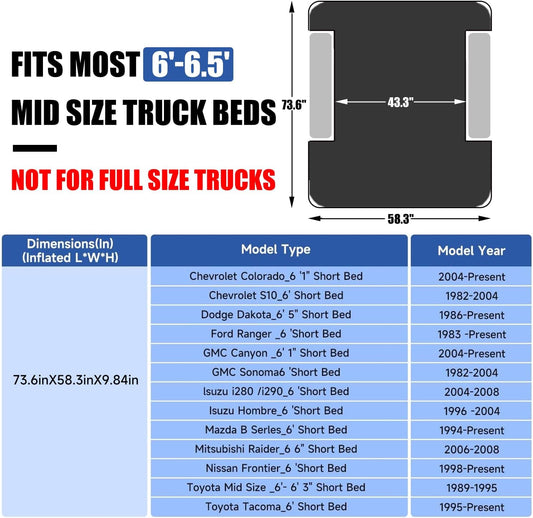 DikaSun 6-6.5 ft mid-size pickup truck bed air mattress, black, fits most mid-size truck beds on Tampa Home & Garden Store