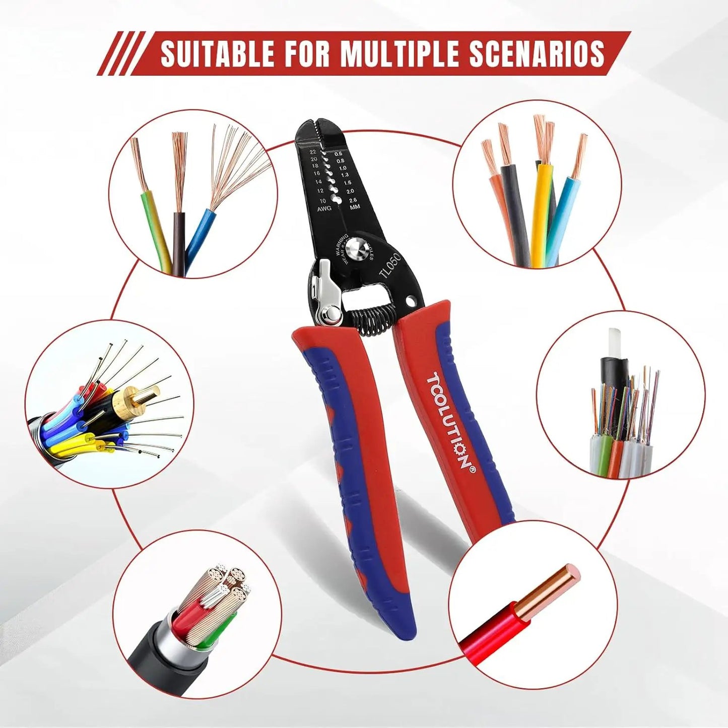 Professional wire stripper and cutter with red and blue insulated handles and adjustable gauge on Tampa Home & Garden Store