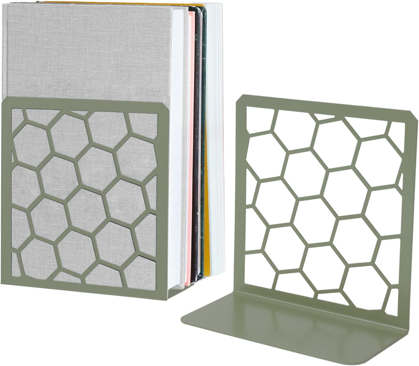 Geometric Honeycomb Metal Bookends Set by Geomod, olive-green metal pair for organizing books on Tampa Home & Garden Store