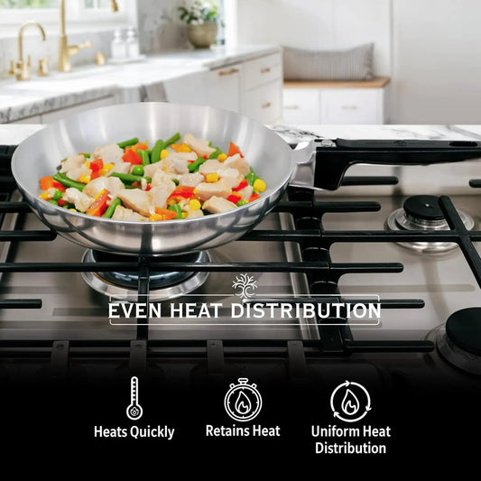 Magnaware Signature skillet set of 4 stainless steel skillets on gas stove with colorful vegetables on Tampa Home & Garden Store