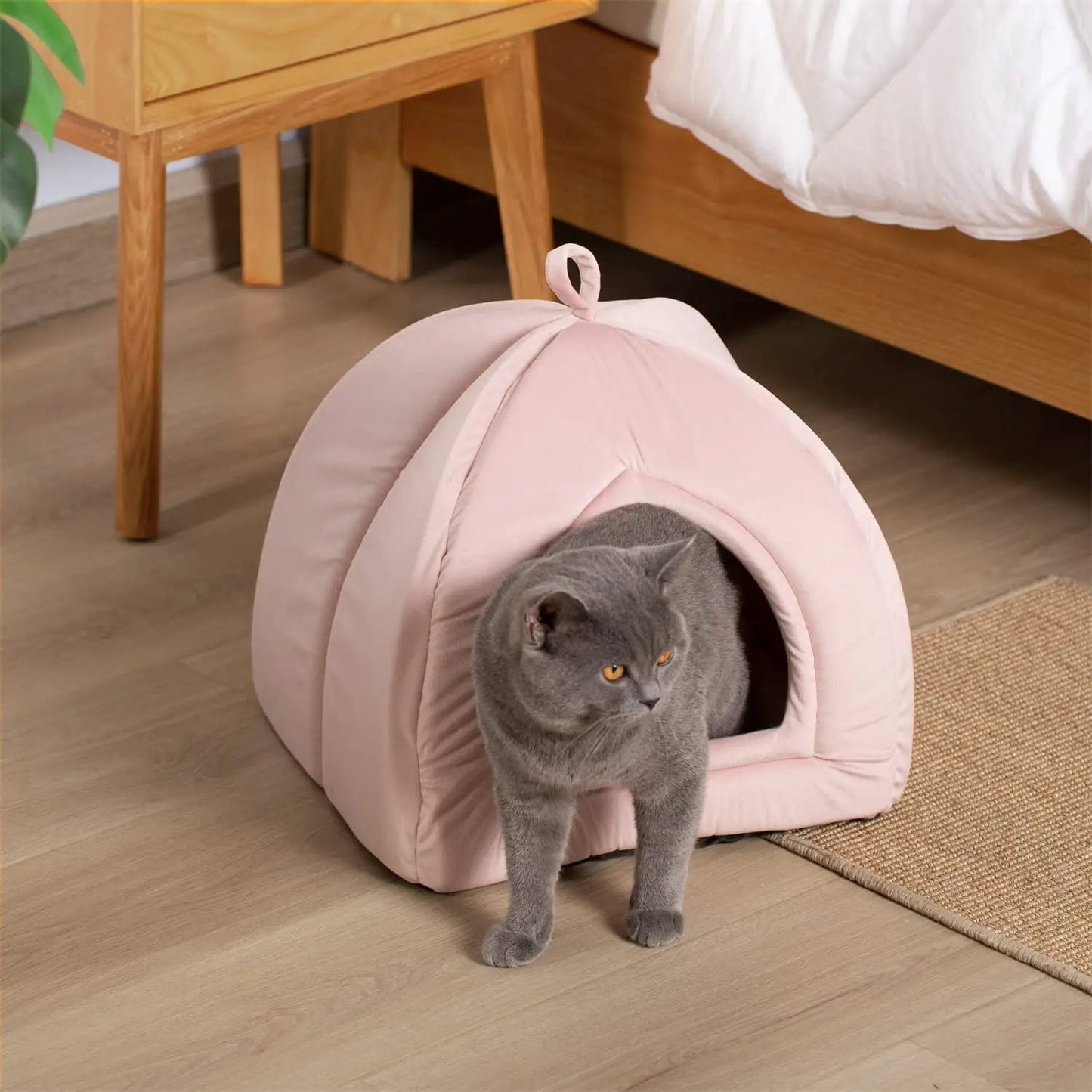 Kasentex Cat Bed Tent Removable Pillow pink cozy cave with loop top gray cat inside on Tampa Home & Garden Store