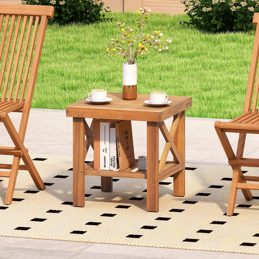 Outdoor Side Table with Storage Shelf in natural acacia wood on Tampa Home & Garden Store