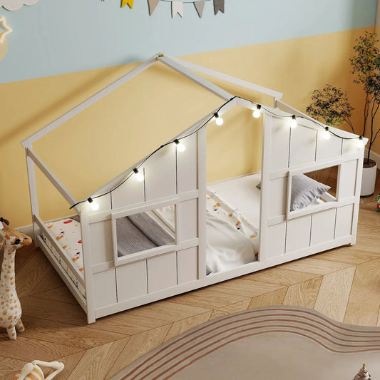 White twin size house bed with LED string lights, Montessori toddler bed with roof-frame design on Tampa Home & Garden Store