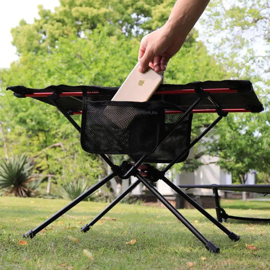 Ultra Light Folding Table for Outdoor Camping red frame with black mesh basket on Tampa Home & Garden Store