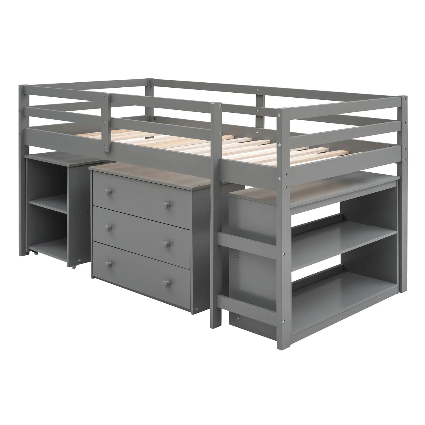 Low study twin loft bed with cabinet and desk, gray metal frame with guard rails on Tampa Home & Garden Store