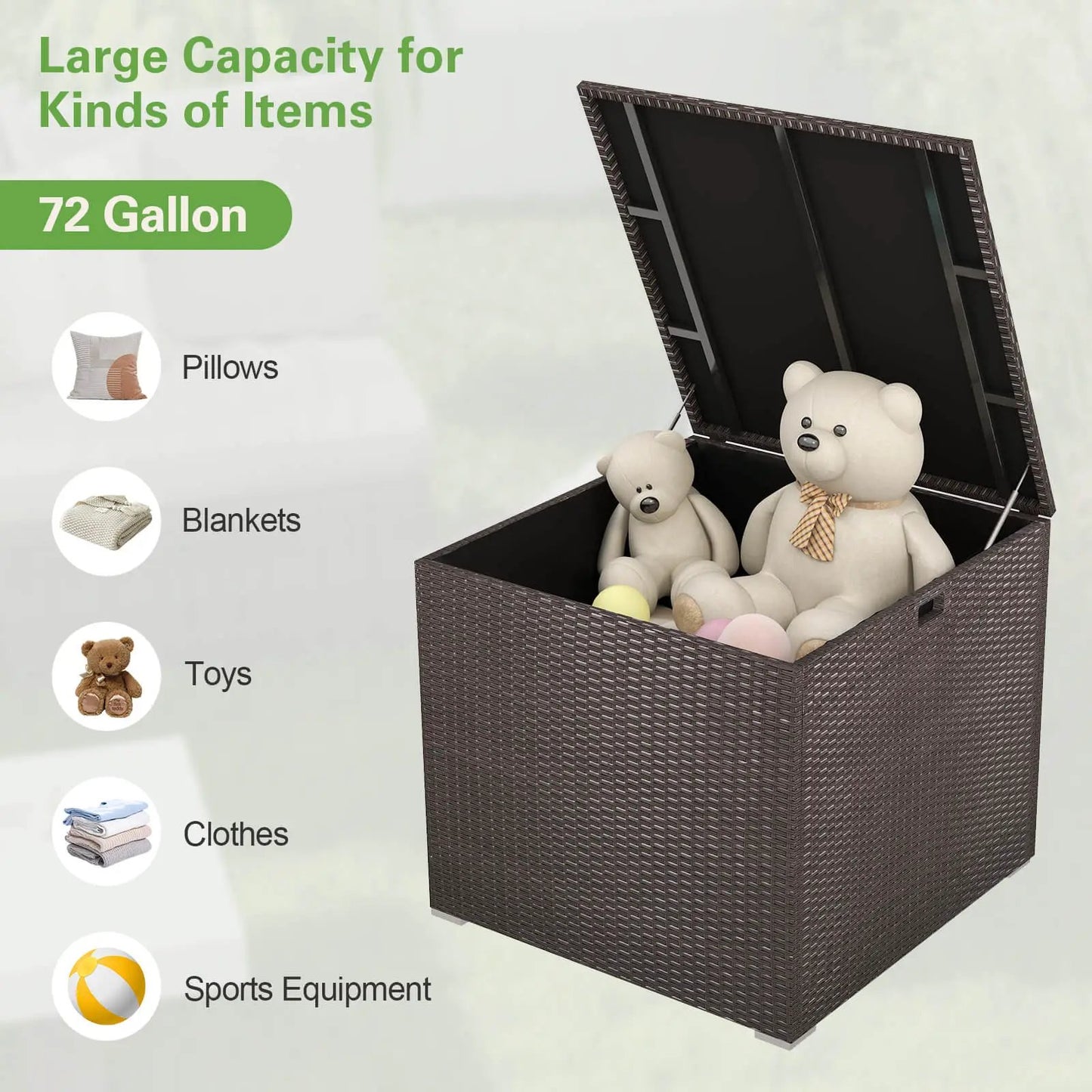 72 Gallon rattan outdoor storage box with liner, brown wicker lid open with teddy bears on Tampa Home & Garden Store