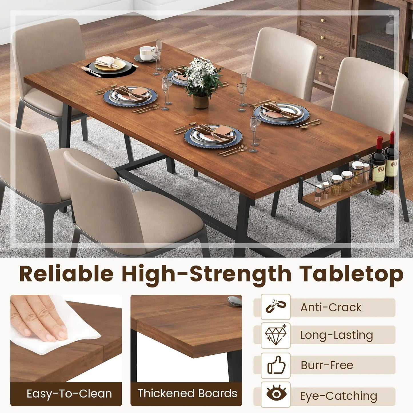 72-Inch Walnut Dining Table with 2-Bottle Wine Rack, wood top and black metal legs, beige chairs on Tampa Home & Garden Store