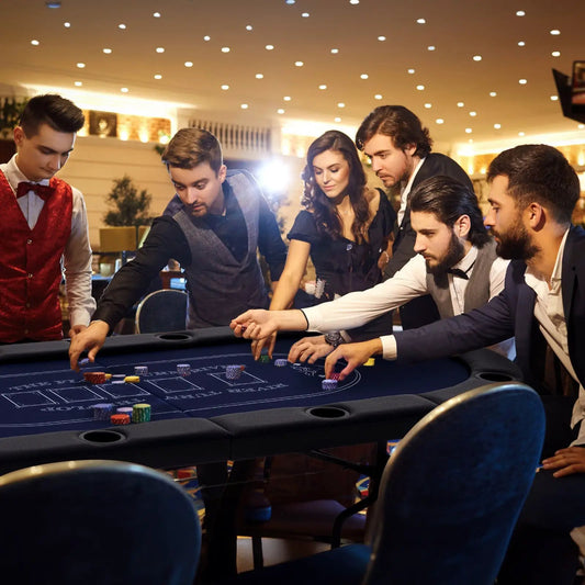 72 Inch Foldable Poker Table for 8 Players with blue felt and oval casino-style layout on Tampa Home & Garden Store