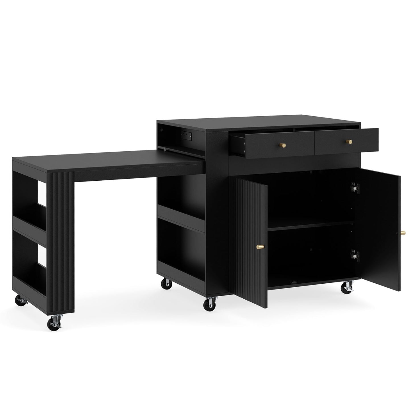 72in black kitchen island with extendable dining surface, power outlet and two drawers on Tampa Home & Garden Store