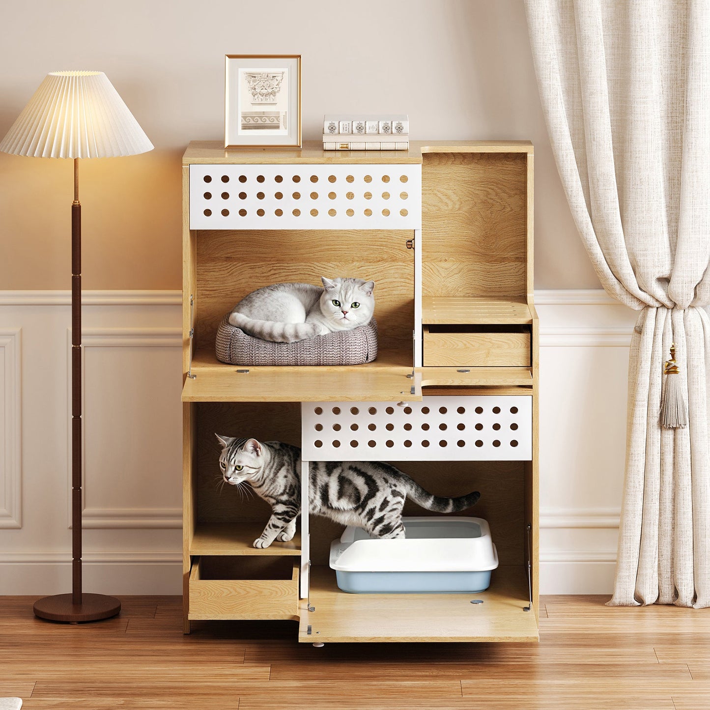 Modern 2 In 1 Cat Furniture by HouseOfZazla light wood with perforated panels and cats on Tampa Home & Garden Store