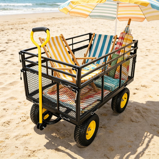 Garden wagon cart with yellow wheels and black frame carrying striped beach chairs on sand on Tampa Home & Garden Store