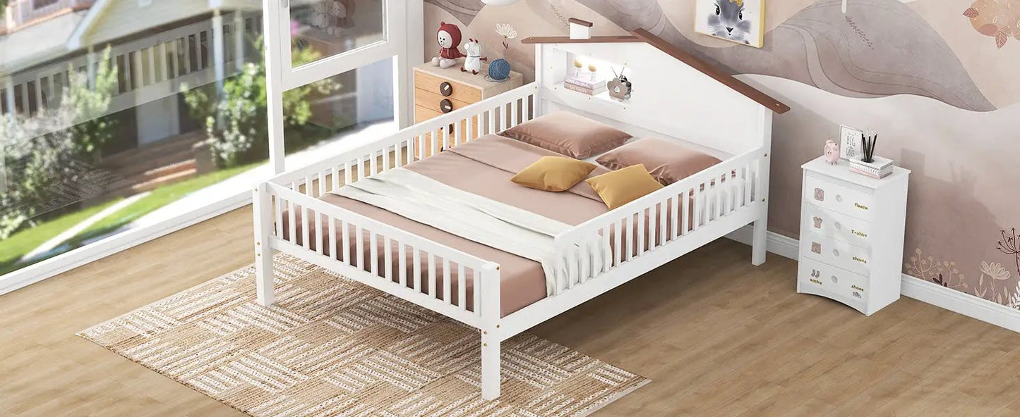 Full-size wood platform bed with LED headboard, white finish, beige bedding, built-in shelf on Tampa Home & Garden Store