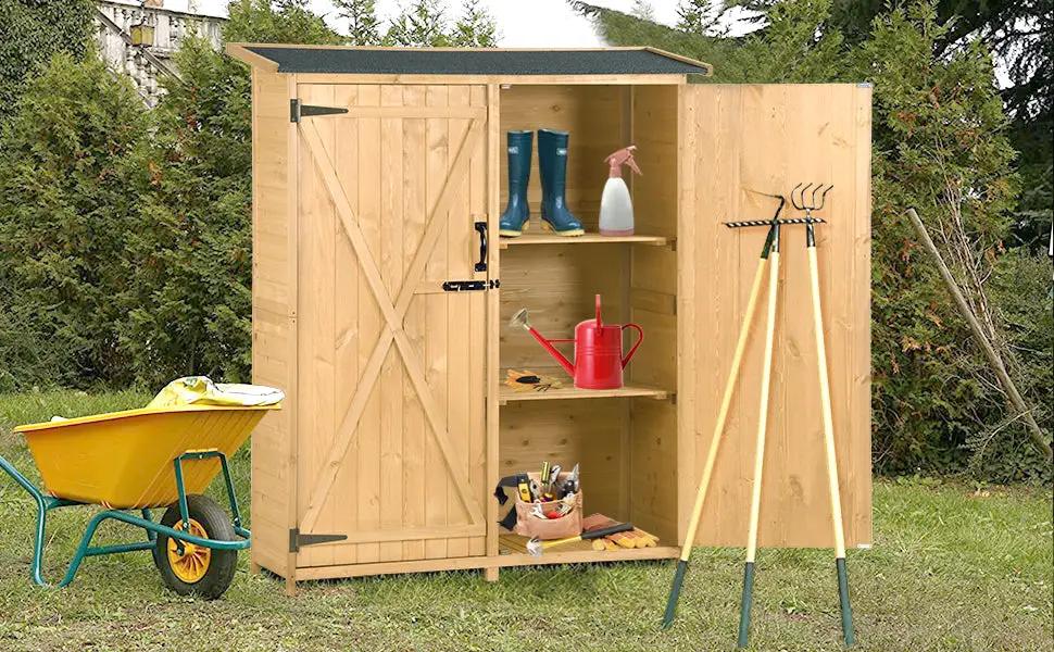 Outdoor wood storage shed organizer with roof, wooden shed with shelves, watering can and tools on Tampa Home & Garden Store