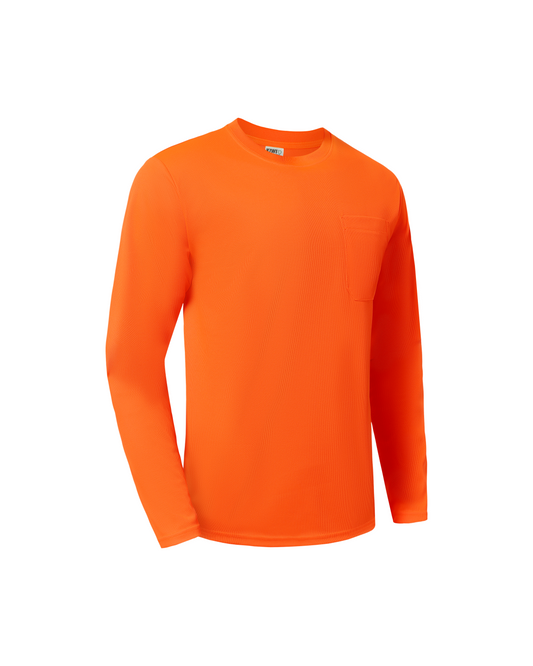 Kiwi high visibility orange long sleeve shirt with chest pocket, textured knit fabric on Tampa Home & Garden Store