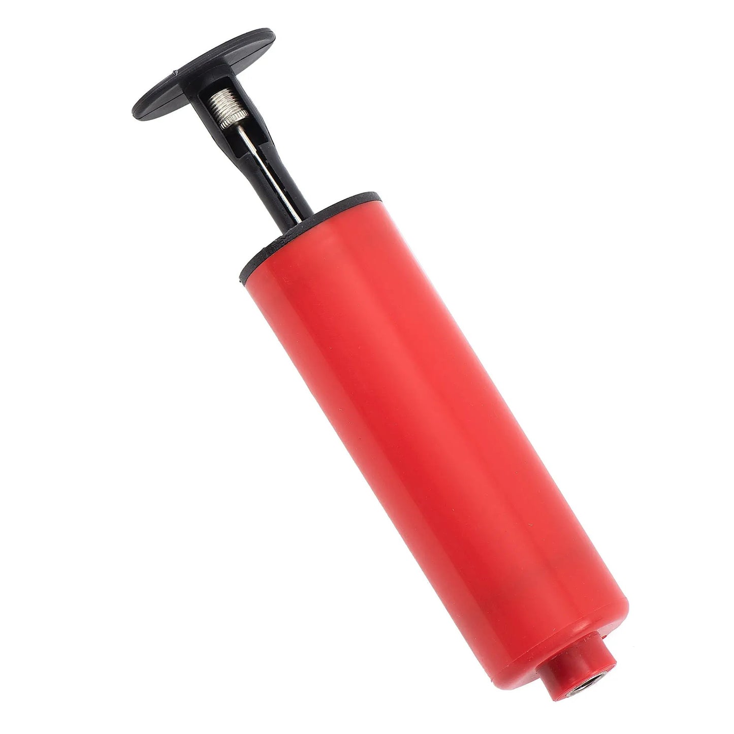 Red handheld air pump with black nozzle and metal screw-on valve, close-up on Tampa Home & Garden Store